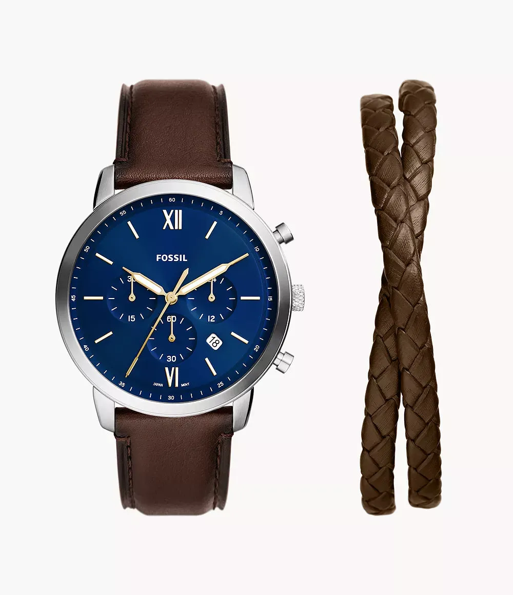 Fossil Neutra Chronograph Brown Leather Watch and Bracelet Box Set