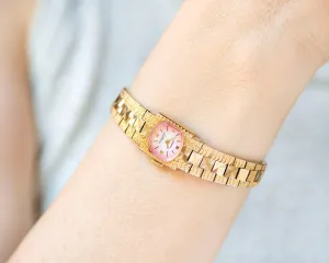 Gold plated cocktail watch for women Seagull, vintage ladies watch for parties pink dial posh bracelet, evening watch for lady jewelry gift
