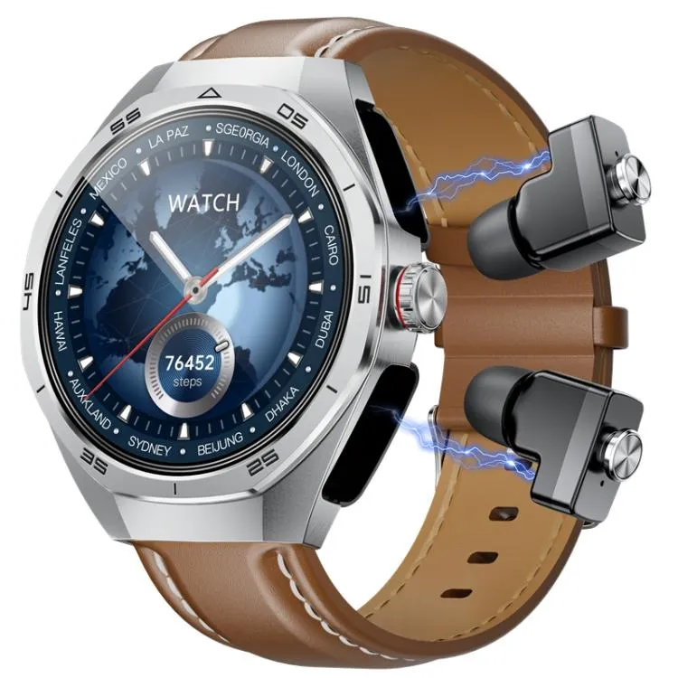 GT97 1.53 inch Round Screen 2 in 1 Bluetooth Earphone Leather Strap Smart Watch Supports Bluetooth Calls(Silver)