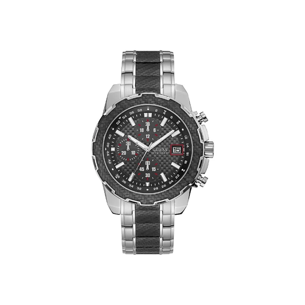 Guess Men's Chronograph Watch With Black Carbon Fiber Dial & Metal Bracelet