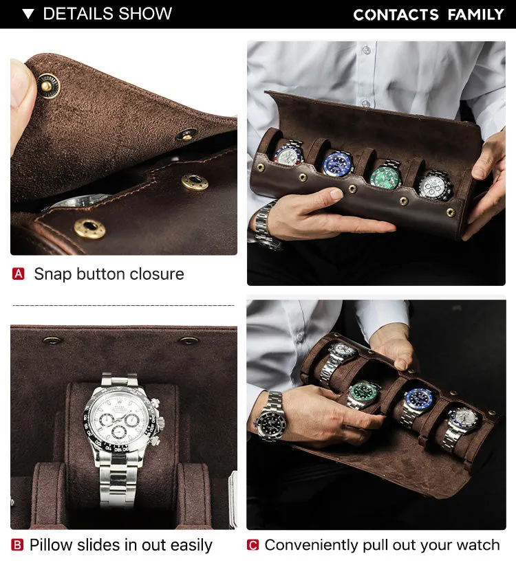 Handcrafted Crazy Horse Leather 4-Slot Watch Box