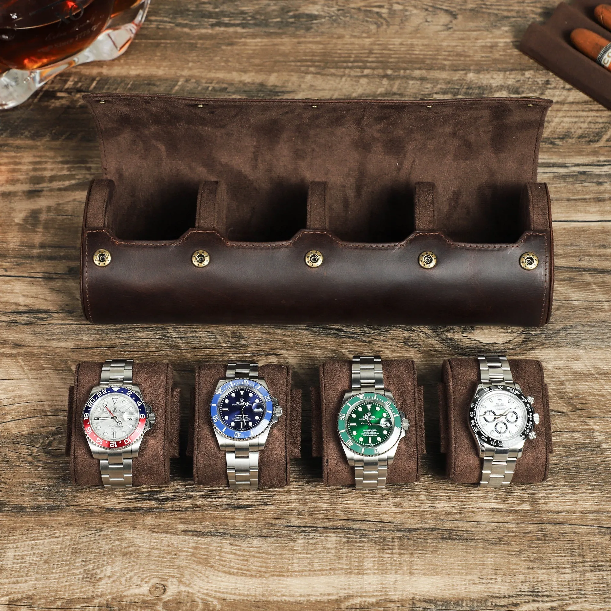 Handcrafted Crazy Horse Leather 4-Slot Watch Box