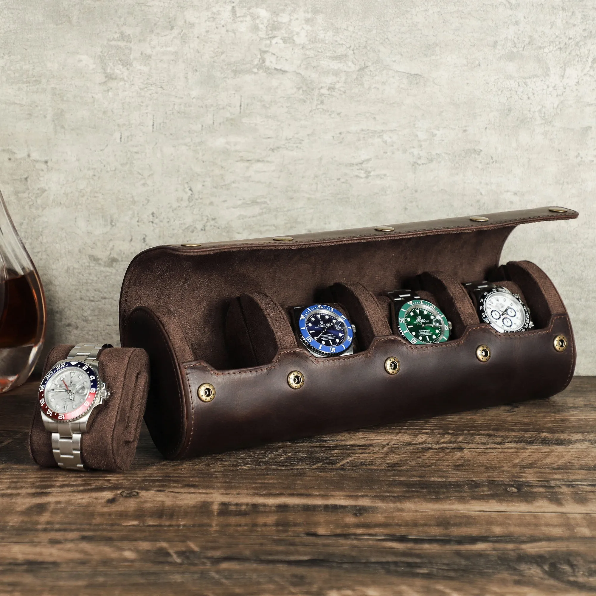 Handcrafted Crazy Horse Leather 4-Slot Watch Box
