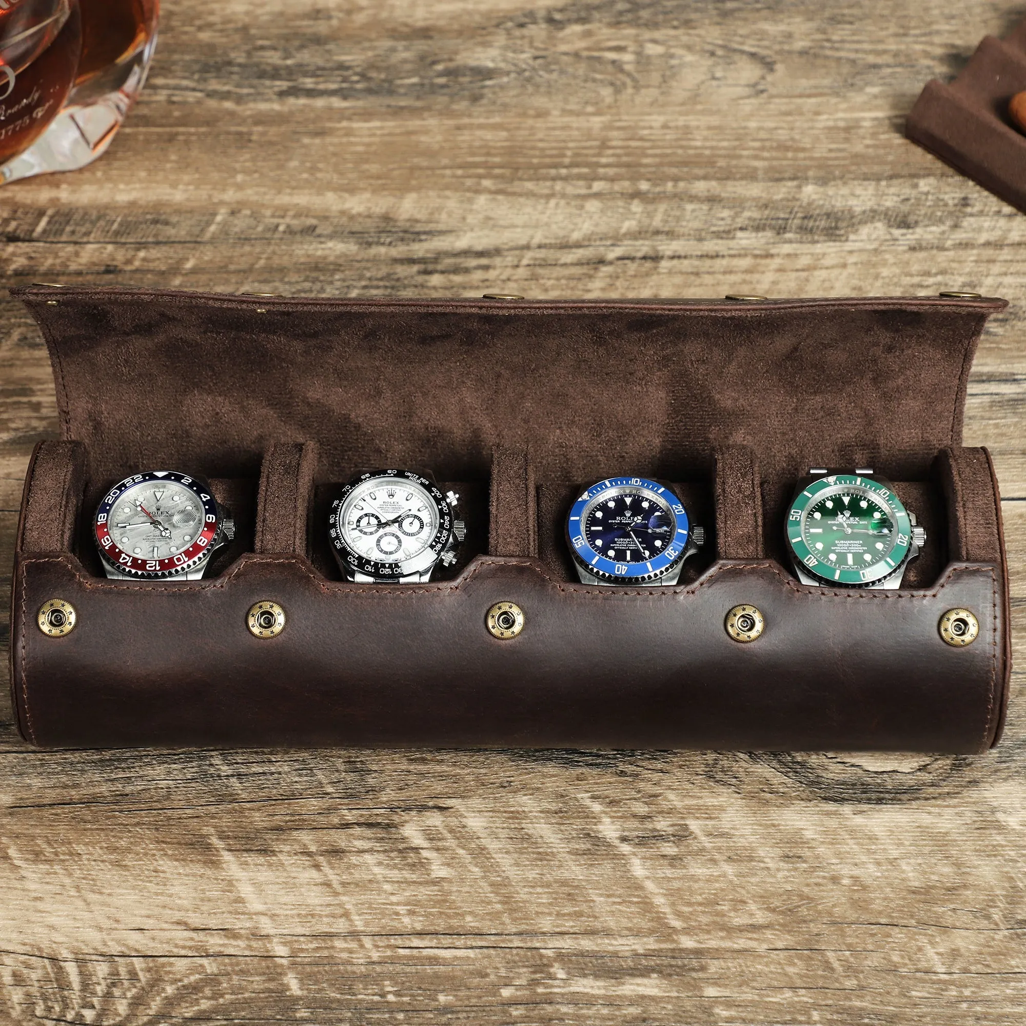 Handcrafted Crazy Horse Leather 4-Slot Watch Box