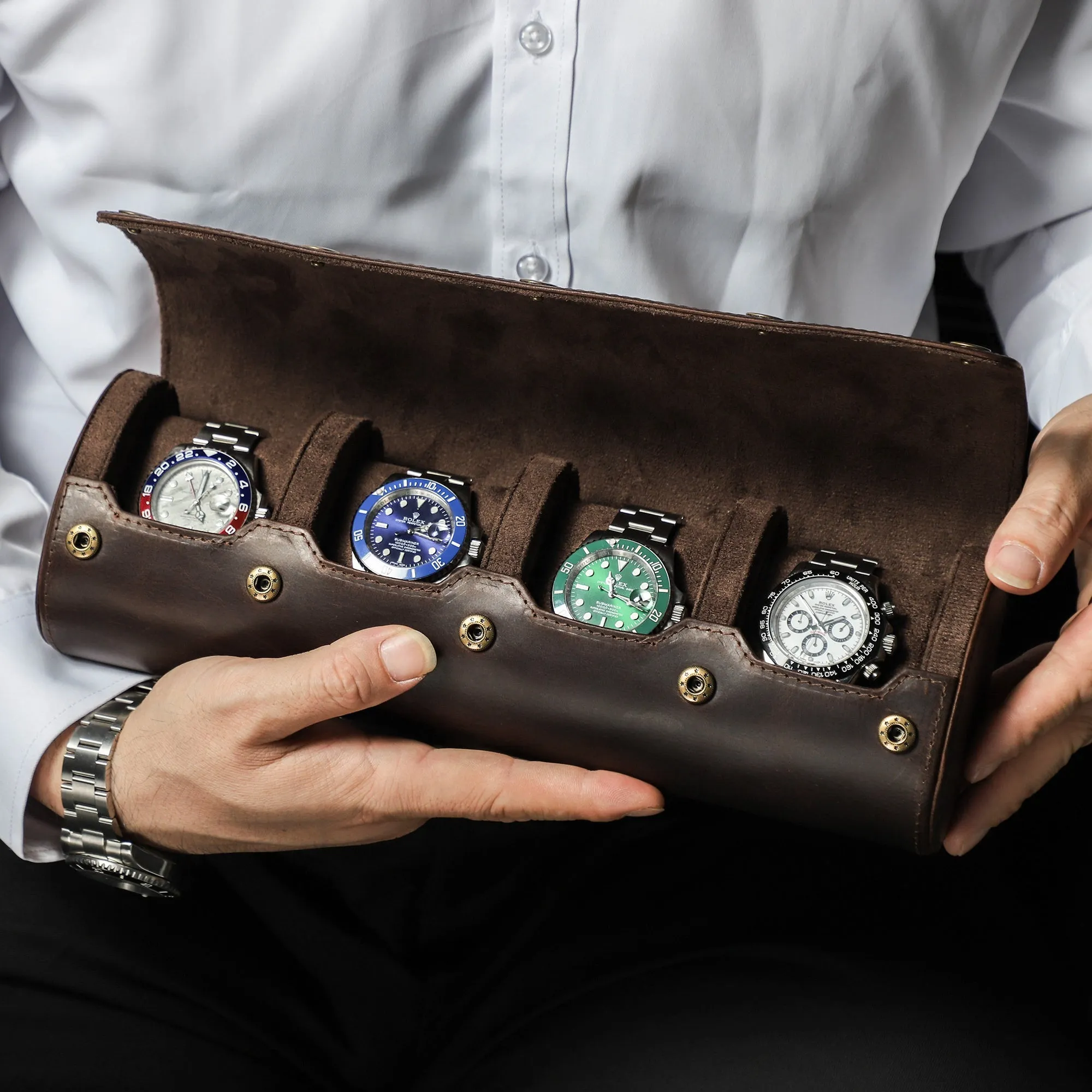 Handcrafted Crazy Horse Leather 4-Slot Watch Box