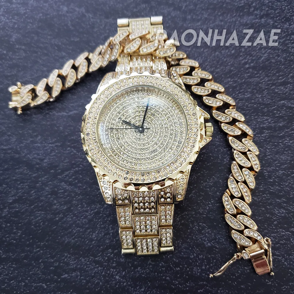 HIP HOP FULL ICED GOLD FINISHED LAB DIAMOND WATCH W/DOUBLE LOCK CUBAN BRACELET