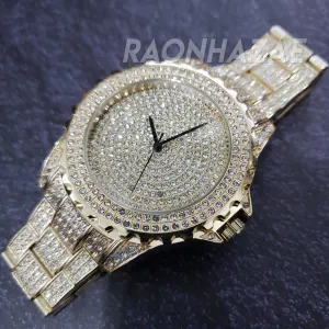 HIP HOP FULL ICED GOLD FINISHED LAB DIAMOND WATCH W/DOUBLE LOCK CUBAN BRACELET