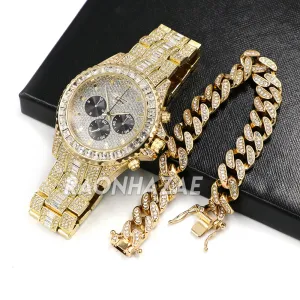 Hip Hop Iced Raonhazae Lab Diamond Drake Watch and 12mm Cuban Link Bracelet Set