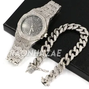 Hip Hop Iced Raonhazae Lab Diamond Drake Watch w/ 12mm Cuban Link Bracelet Set