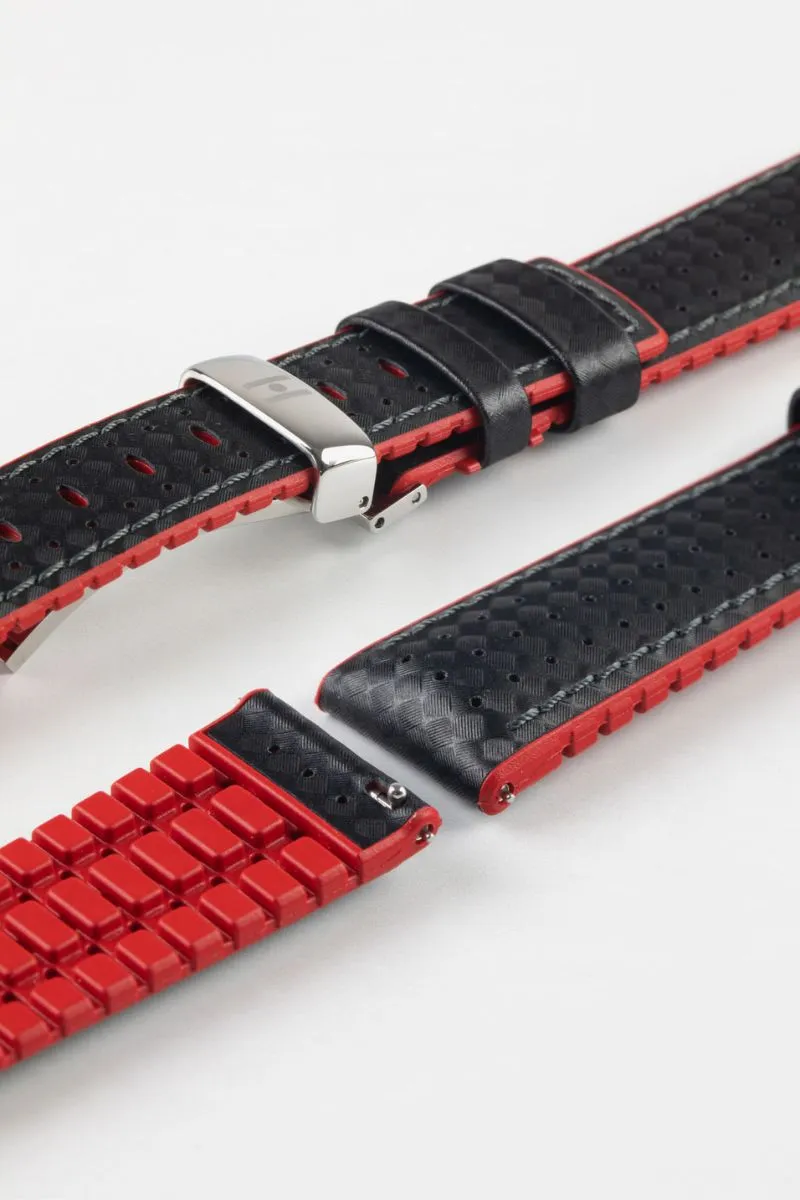 Hirsch AYRTON Carbon Embossed Performance Watch Strap in BLACK / RED