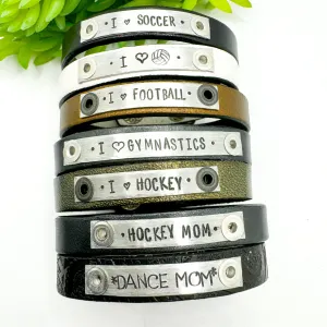 I Heart Sports | 7 Phrases | Leather Skinny Bracelet | Adjustable