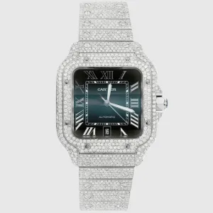 Iced Out Santos de Cartier 40mm Stainless Steel Blue Dial Watch 20.2ct