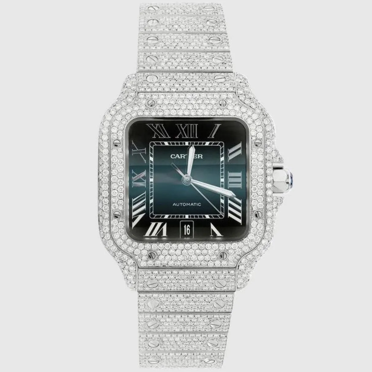 Iced Out Santos de Cartier 40mm Stainless Steel Blue Dial Watch 20.2ct