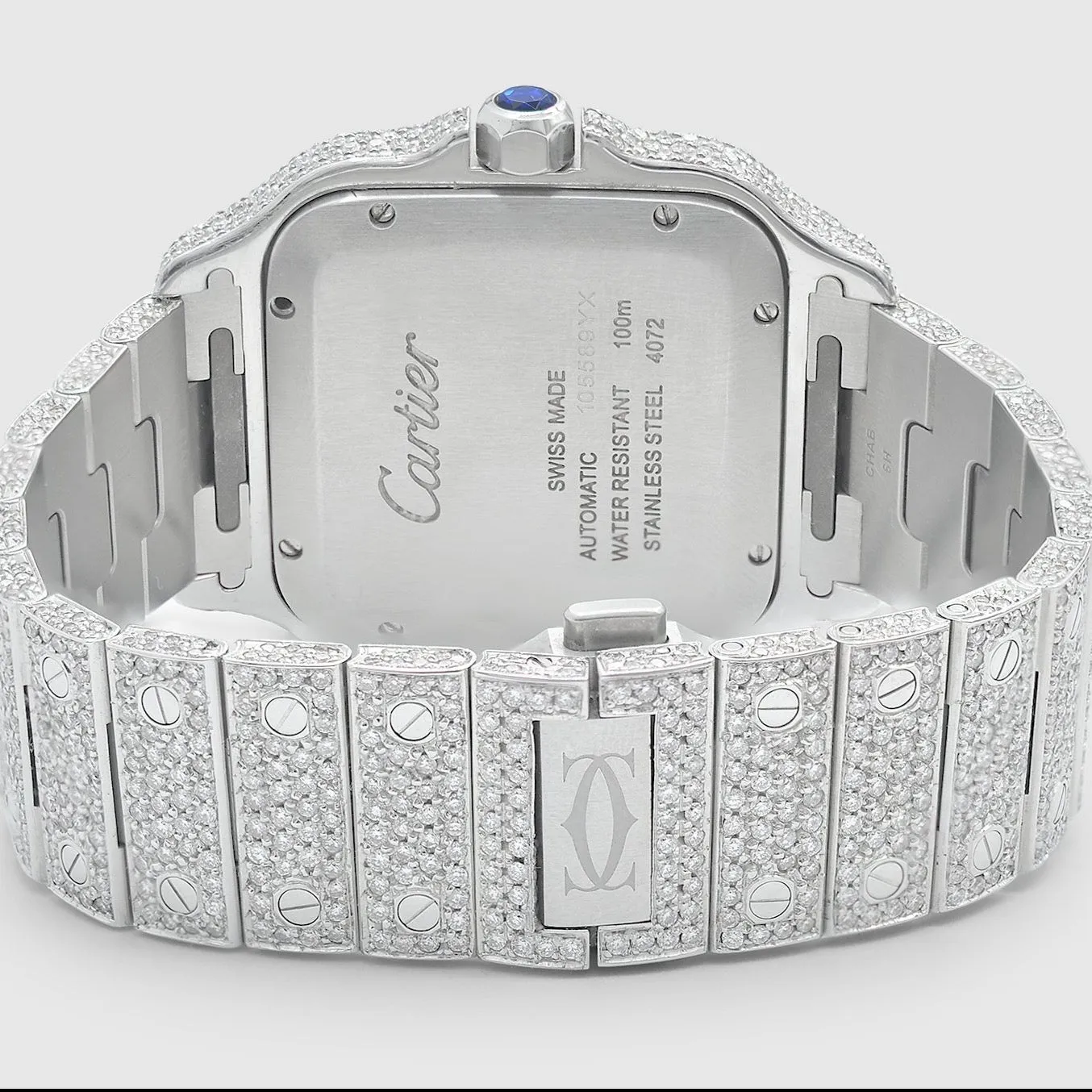 Iced Out Santos de Cartier 40mm Stainless Steel Blue Dial Watch 20.2ct