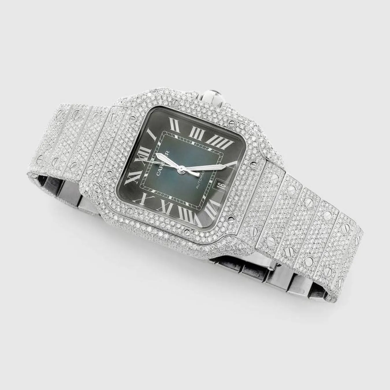 Iced Out Santos de Cartier 40mm Stainless Steel Blue Dial Watch 20.2ct