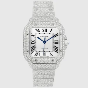 Iced Out Santos de Cartier 40mm Stainless Steel White Dial Watch 20.2ct