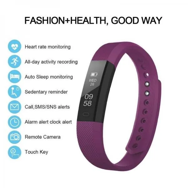 ID115HR Heart Rate Monitor Smart Watch Bracelet Health FitnessTracker Purple