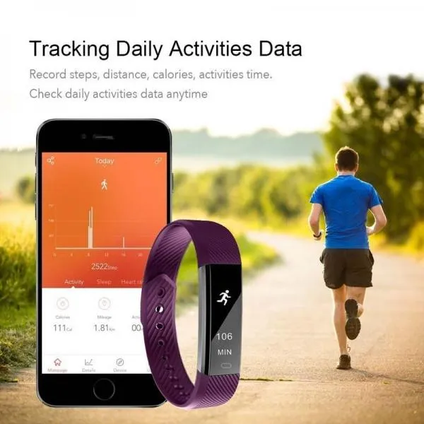 ID115HR Heart Rate Monitor Smart Watch Bracelet Health FitnessTracker Purple