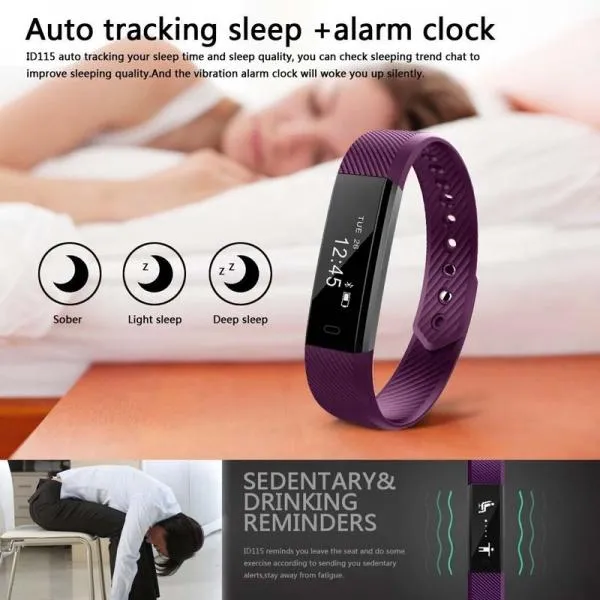 ID115HR Heart Rate Monitor Smart Watch Bracelet Health FitnessTracker Purple