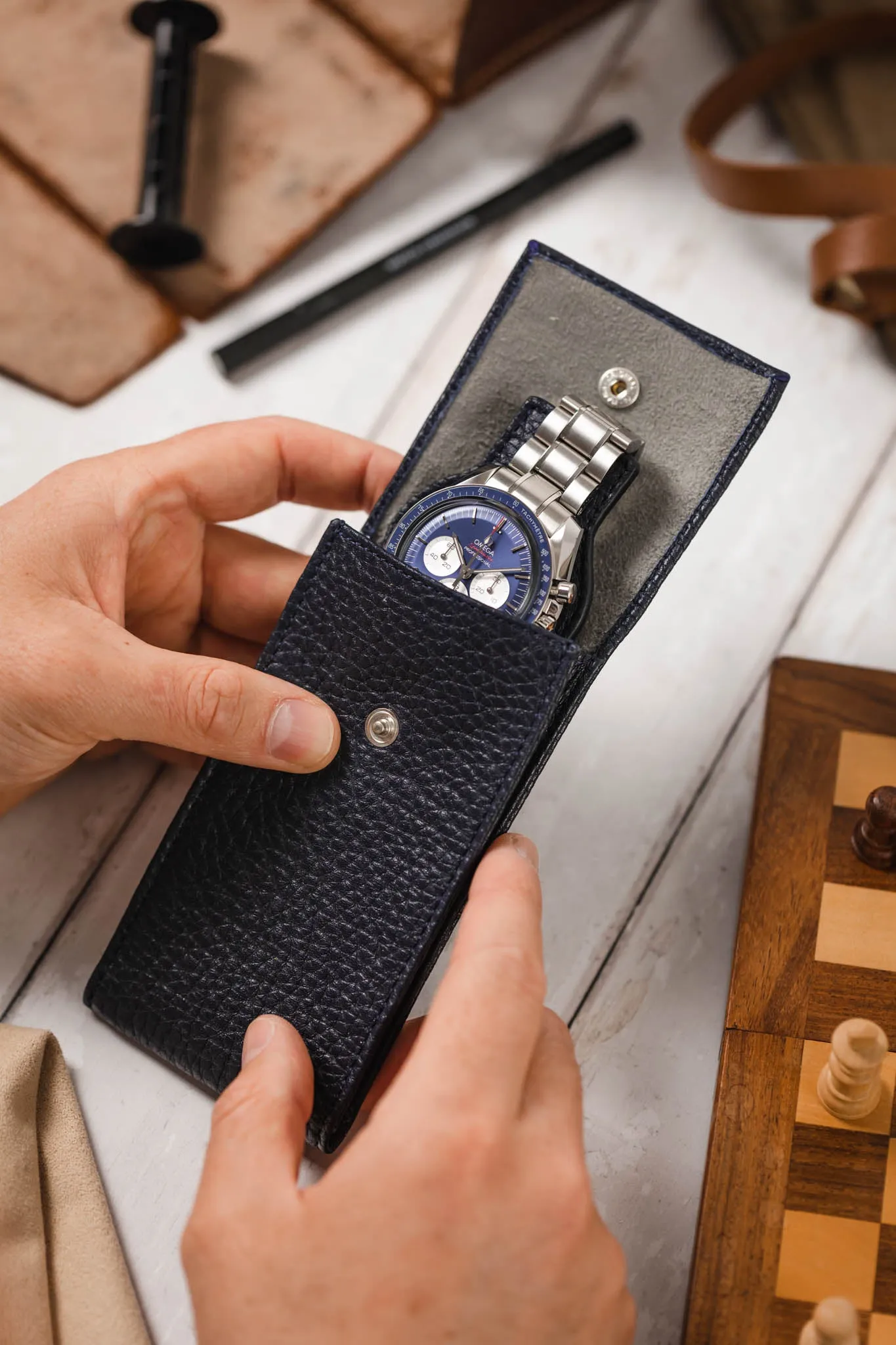 JPM Luxe Leather Watch Pouch in BLUE
