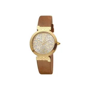 Just Cavalli Ladies Watch Ip Gold Case With Brown Leather Strap & Animal Printed Dial