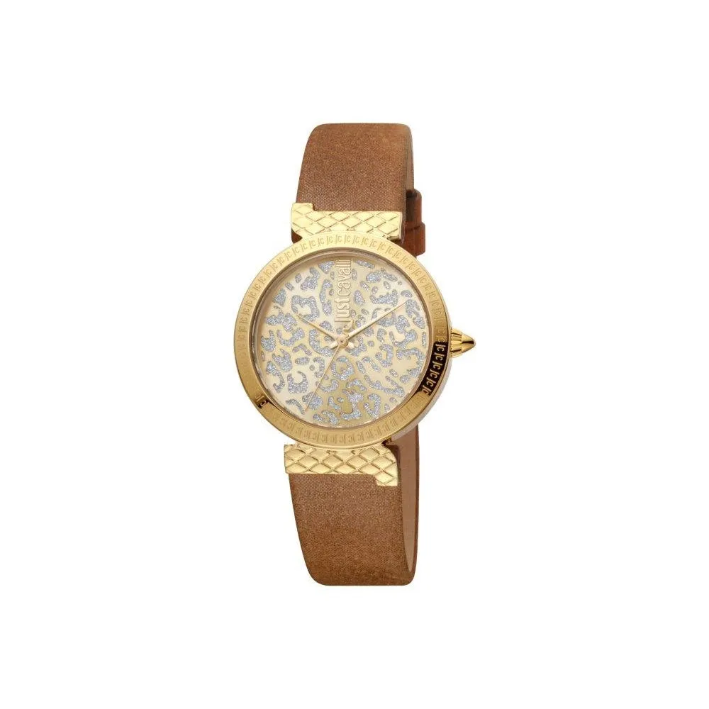 Just Cavalli Ladies Watch Ip Gold Case With Brown Leather Strap & Animal Printed Dial