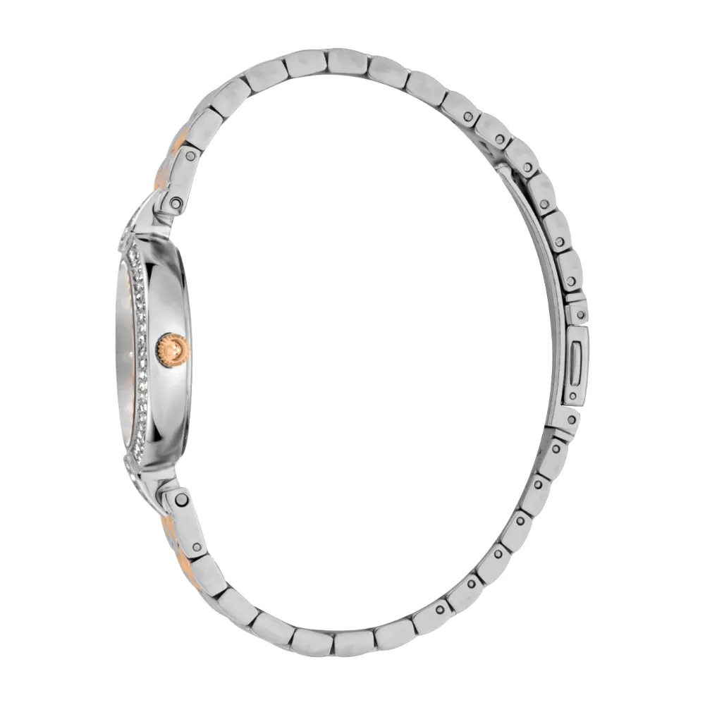 Just Cavalli Women Watch, Silver Color Case, White Mop Dial, Two Tone Silver & Rose Gold Color Stainless Steel Metal Bracelet
