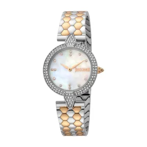 Just Cavalli Women Watch, Silver Color Case, White Mop Dial, Two Tone Silver & Rose Gold Color Stainless Steel Metal Bracelet