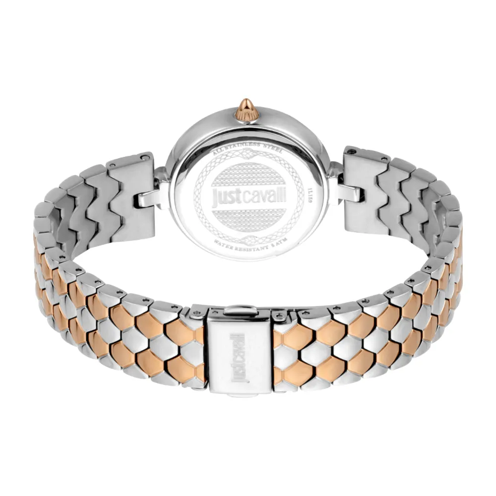 Just Cavalli Women Watch, Silver Color Case, White Mop Dial, Two Tone Silver & Rose Gold Color Stainless Steel Metal Bracelet