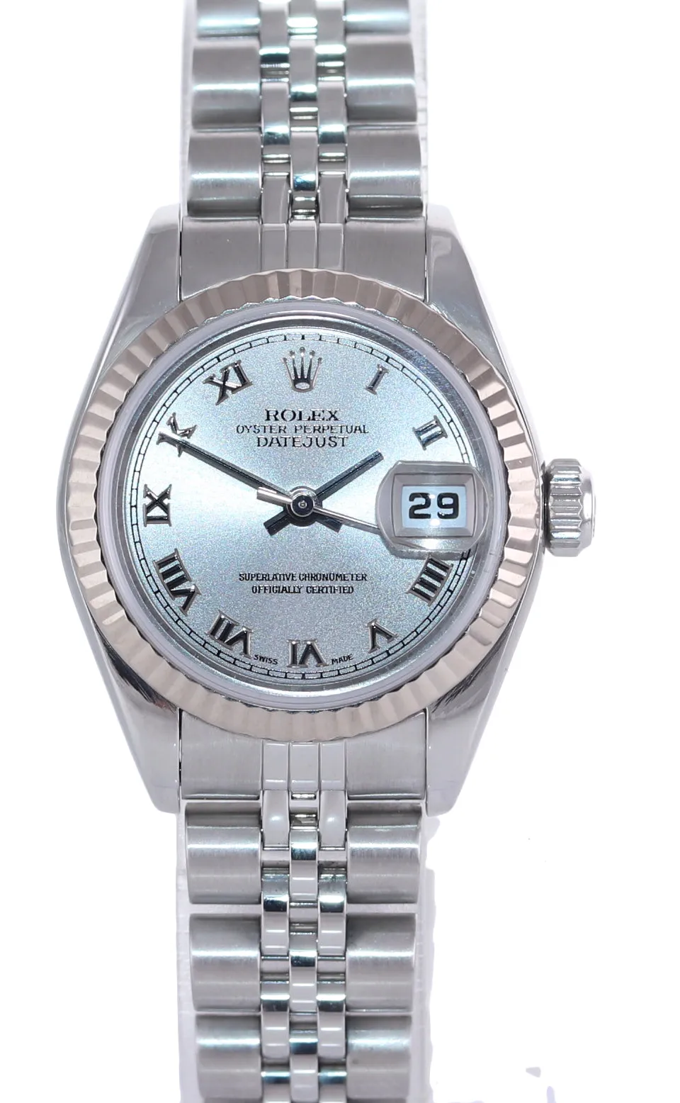Ladies Rolex DateJust  79174 26mm SIlver Roman Fluted Bezel Steel Jubilee Watch
