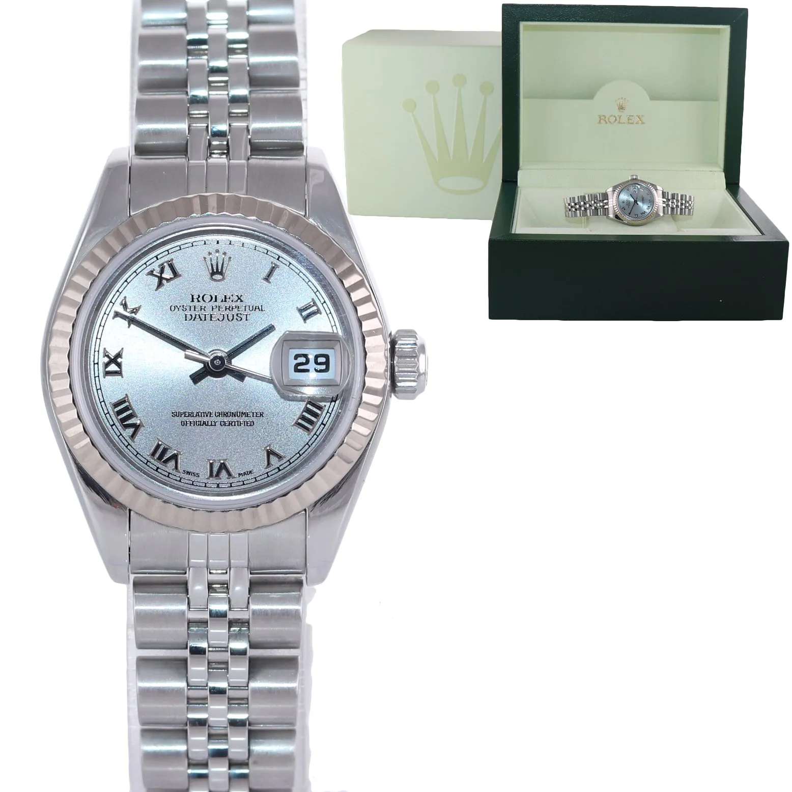 Ladies Rolex DateJust  79174 26mm SIlver Roman Fluted Bezel Steel Jubilee Watch