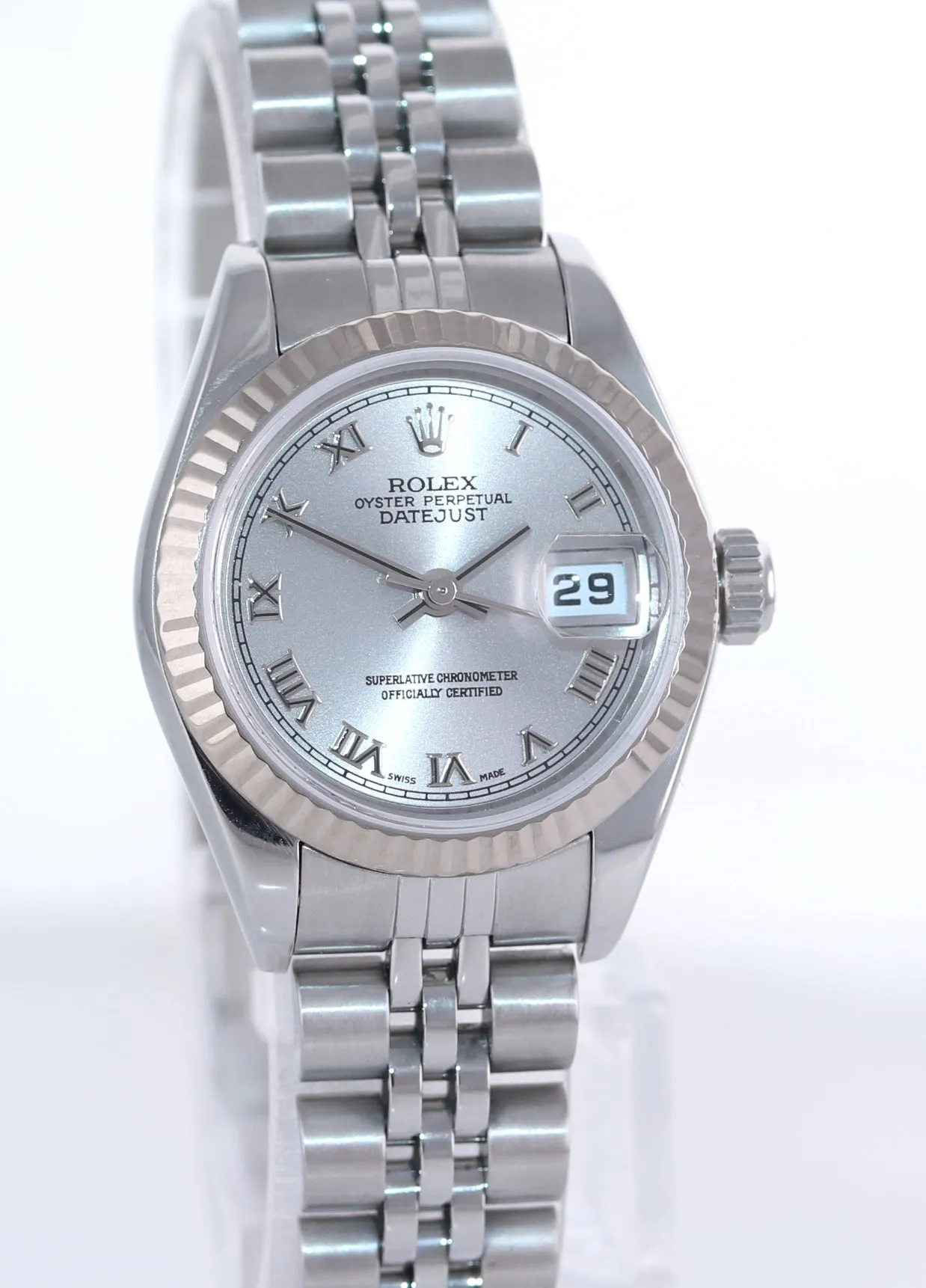 Ladies Rolex DateJust  79174 26mm SIlver Roman Fluted Bezel Steel Jubilee Watch