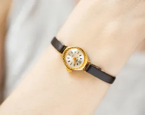Limited edition women watch tiny gold plated Dawn, new old stock watch for lady minimalist, chic women watch jewelry gift, new leather strap