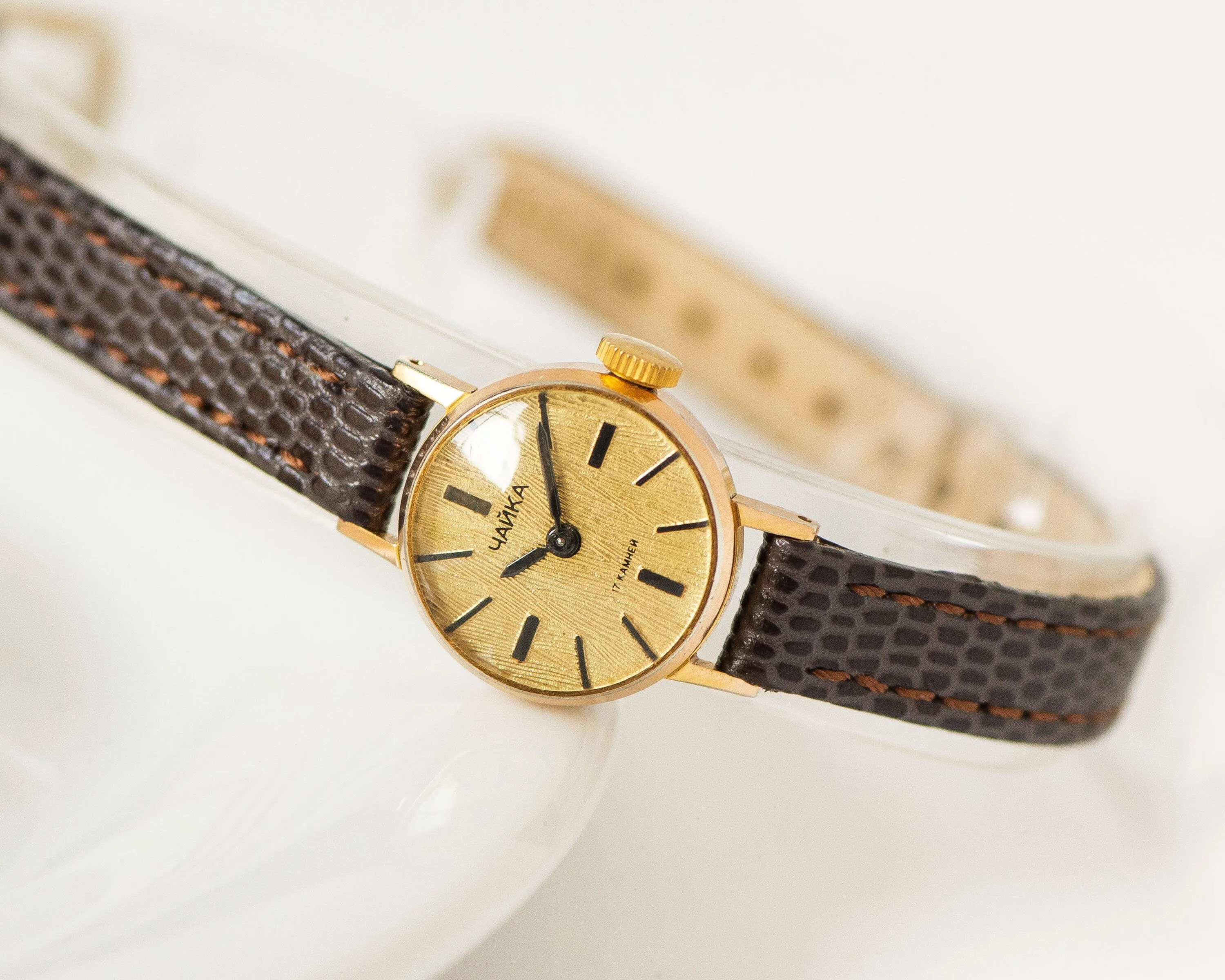 Limited edition women wristwatch Seagull gold plated vintage, minimalist dainty timepiece jewelry gift micro watch, new premium leather band