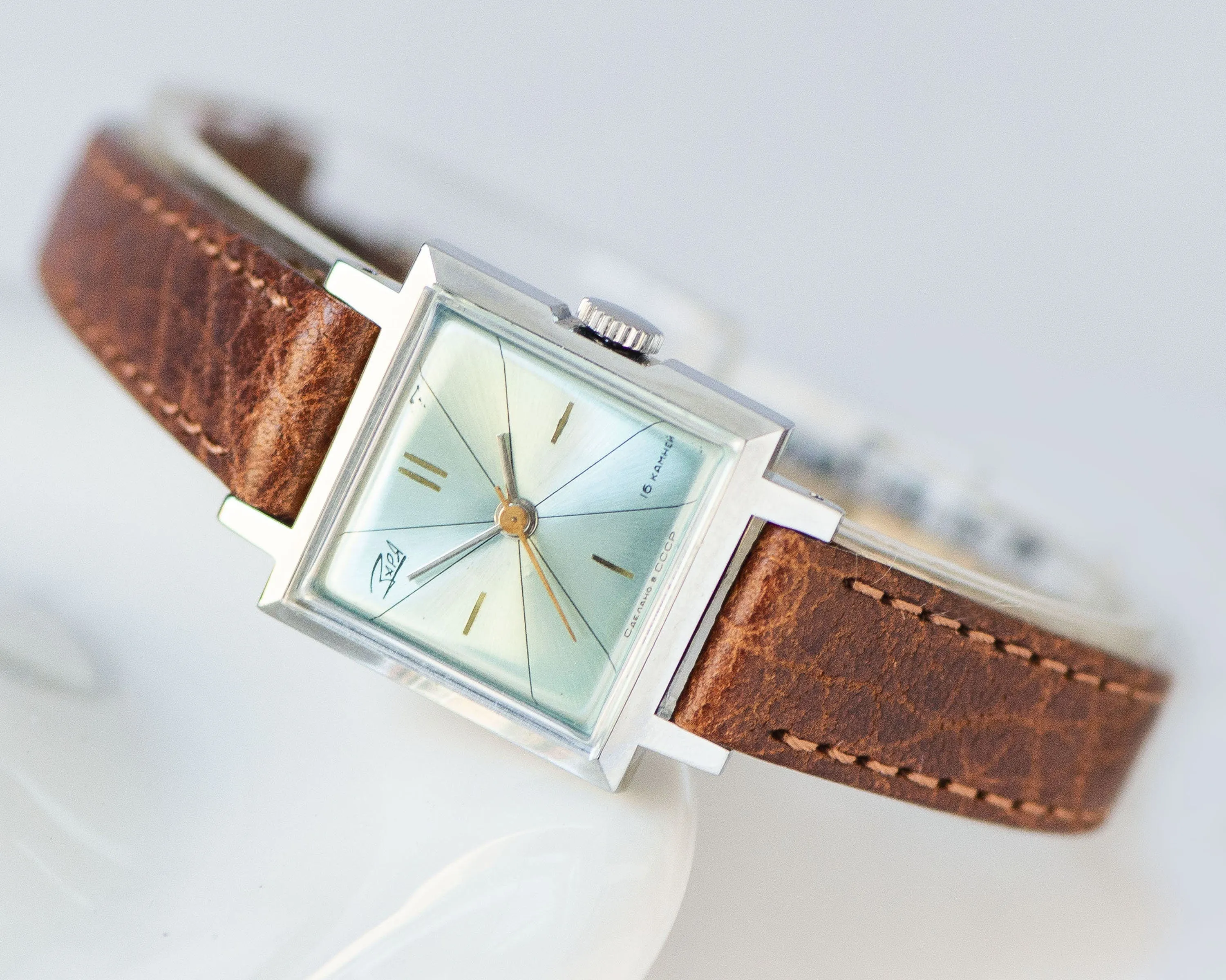 Limited edition women's watch unused Dawn vintage, square wristwatch for women silver shade, blue dial watch gift, new premium leather strap
