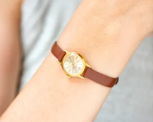 Limited edition wristwatch gold plated Seagull, retro women watch minimalist jewelry gift, petite watch vintage, new premium leather strap