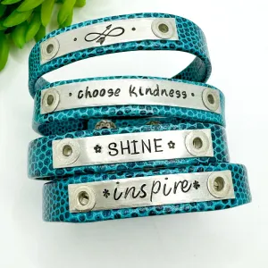Lizard Blue | 4 Phrases | Leather Skinny Bracelet | Adjustable