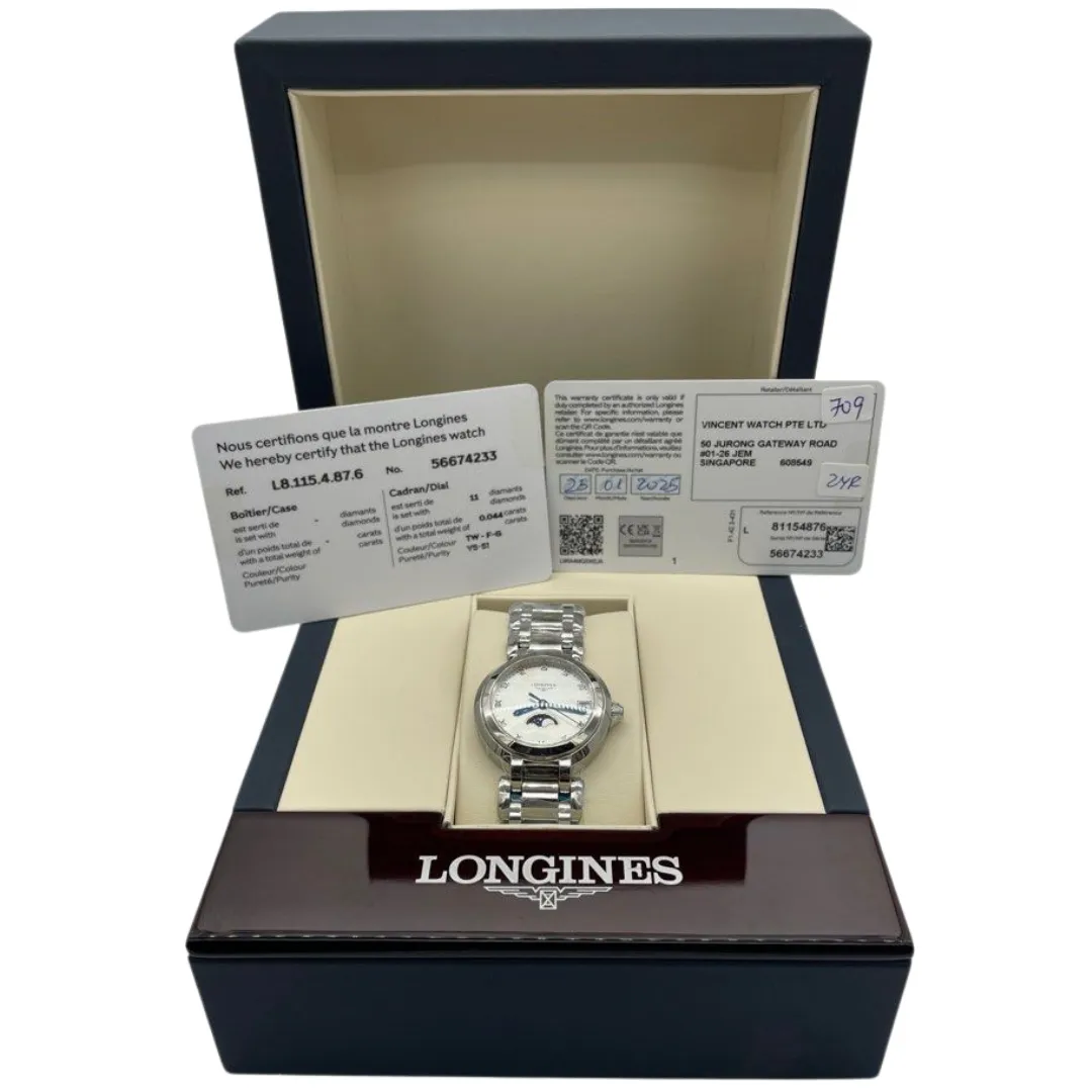 Longines PrimaLuna Moonphase 30.5mm Quartz White Mother of Pearl Diamond Dial Watch L8.115.4.87.6