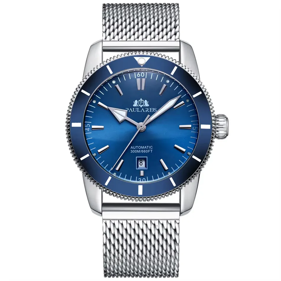 Men Automatic Self Wind Mechanical Net Stainless Steel Black Blue Leather Strap Super Luxury Heritage Big Face 46Mm Ocean Watch