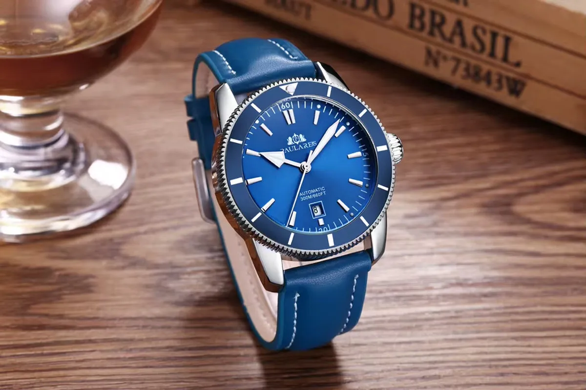 Men Automatic Self Wind Mechanical Net Stainless Steel Black Blue Leather Strap Super Luxury Heritage Big Face 46Mm Ocean Watch