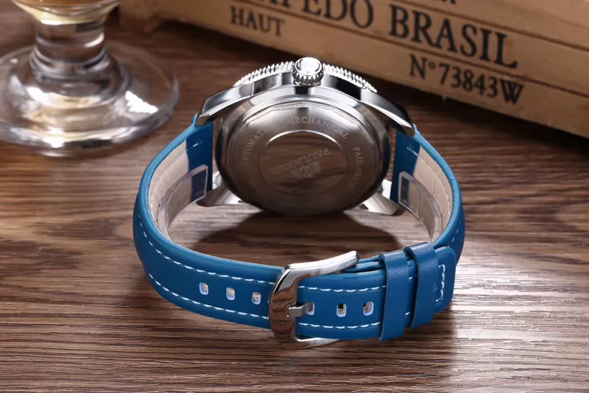 Men Automatic Self Wind Mechanical Net Stainless Steel Black Blue Leather Strap Super Luxury Heritage Big Face 46Mm Ocean Watch