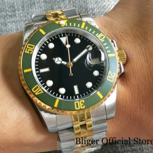 Men's Two Tone Green Watch with Gold Mark And Sapphire Crystals..