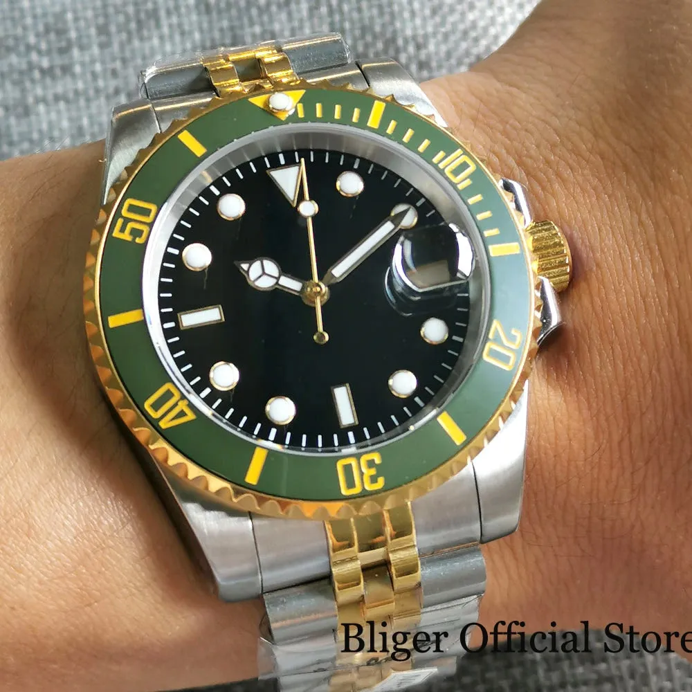 Men's Two Tone Green Watch with Gold Mark And Sapphire Crystals..