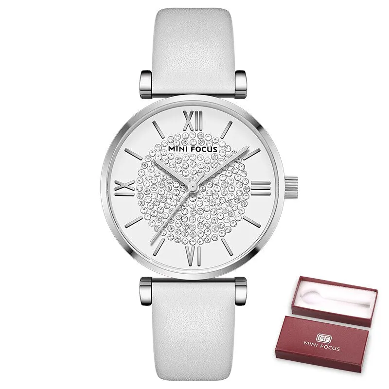 MINI FOCUS Fashion Quartz Watch Women Luxury Chronograph Wrist Watch Lady Genuine Leather Strap Waterproof Relogio Femininos