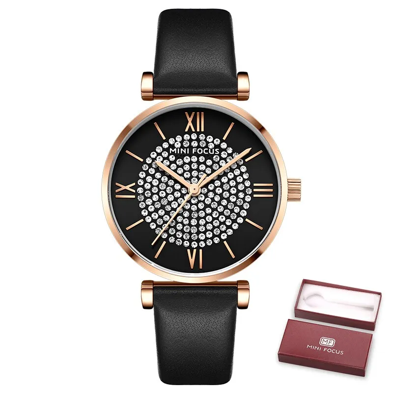 MINI FOCUS Fashion Quartz Watch Women Luxury Chronograph Wrist Watch Lady Genuine Leather Strap Waterproof Relogio Femininos