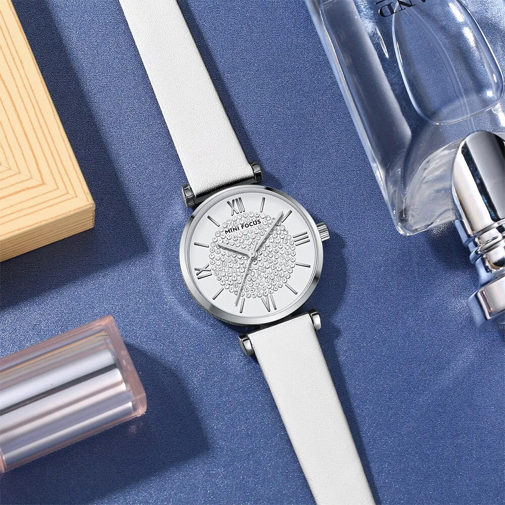 MINI FOCUS Fashion Quartz Watch Women Luxury Chronograph Wrist Watch Lady Genuine Leather Strap Waterproof Relogio Femininos