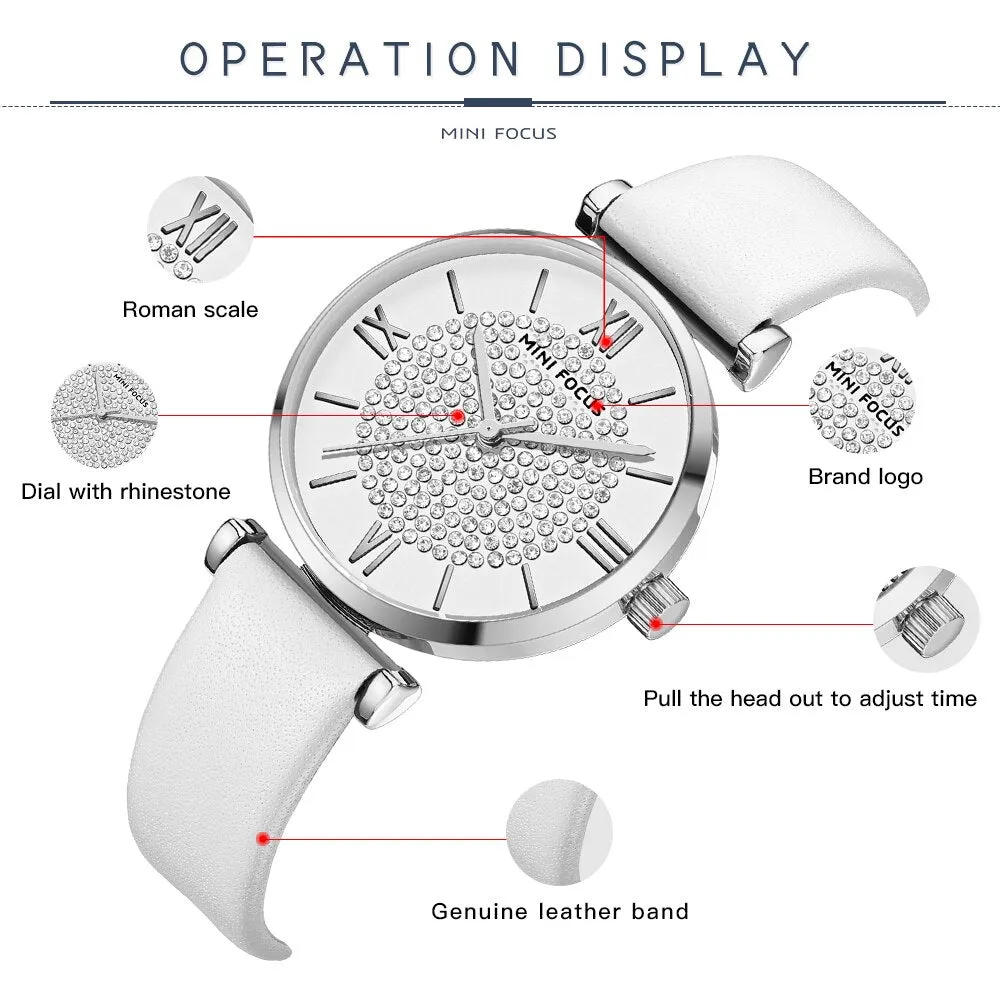 MINI FOCUS Fashion Quartz Watch Women Luxury Chronograph Wrist Watch Lady Genuine Leather Strap Waterproof Relogio Femininos