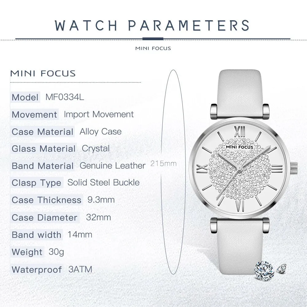 MINI FOCUS Fashion Quartz Watch Women Luxury Chronograph Wrist Watch Lady Genuine Leather Strap Waterproof Relogio Femininos