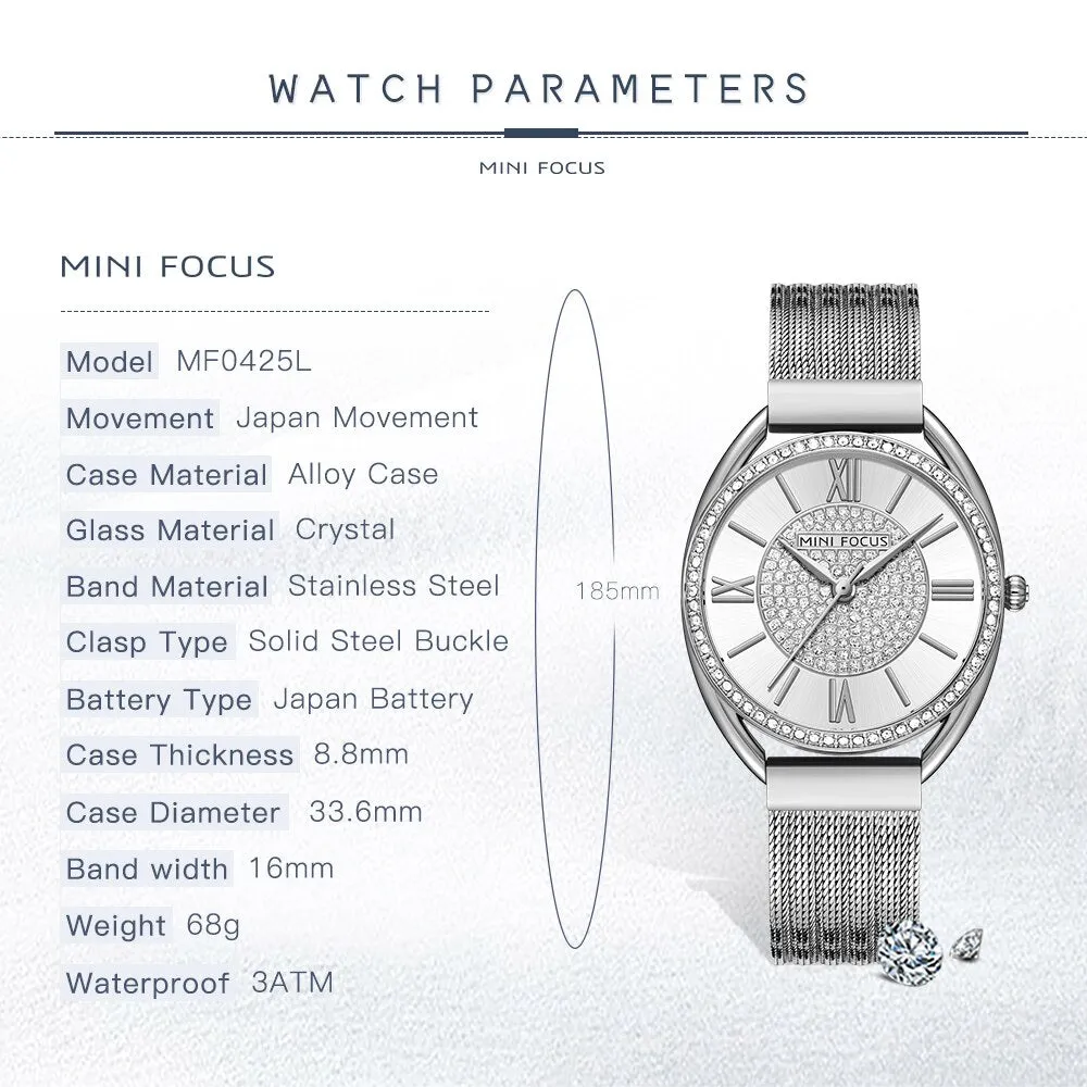 MINI FOCUS Trendy Crystal Watch for Women Business Dress Ladies Watches Top Brand Luxury Diamond Quartz  Steel Strap Wristwatch