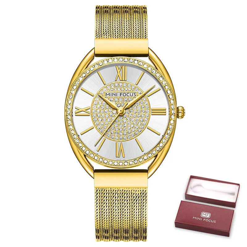 MINI FOCUS Trendy Crystal Watch for Women Business Dress Ladies Watches Top Brand Luxury Diamond Quartz  Steel Strap Wristwatch